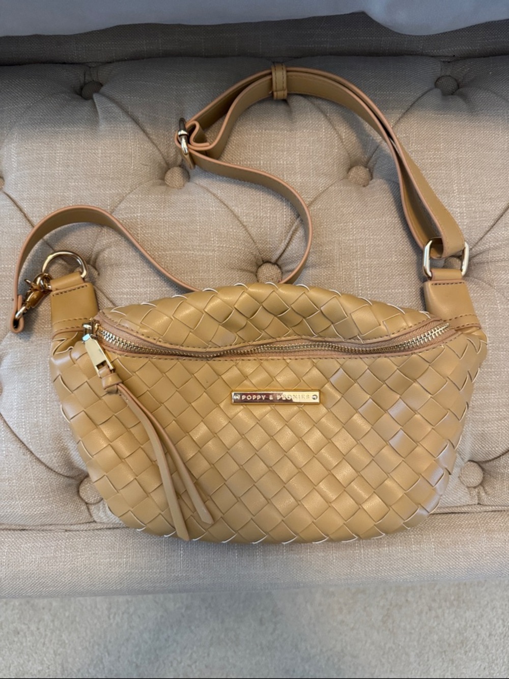 Sidekick. Tan Woven Leather Crossbody Belt Bag with Zip Wallet - Picture 2 of 9